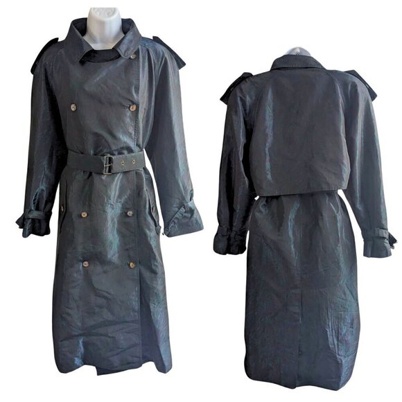 Vintage 80s MULBERRY STREET Iridescent Nylon Printed Trench Coat Zip Liner Sz 10 - Picture 1 of 9